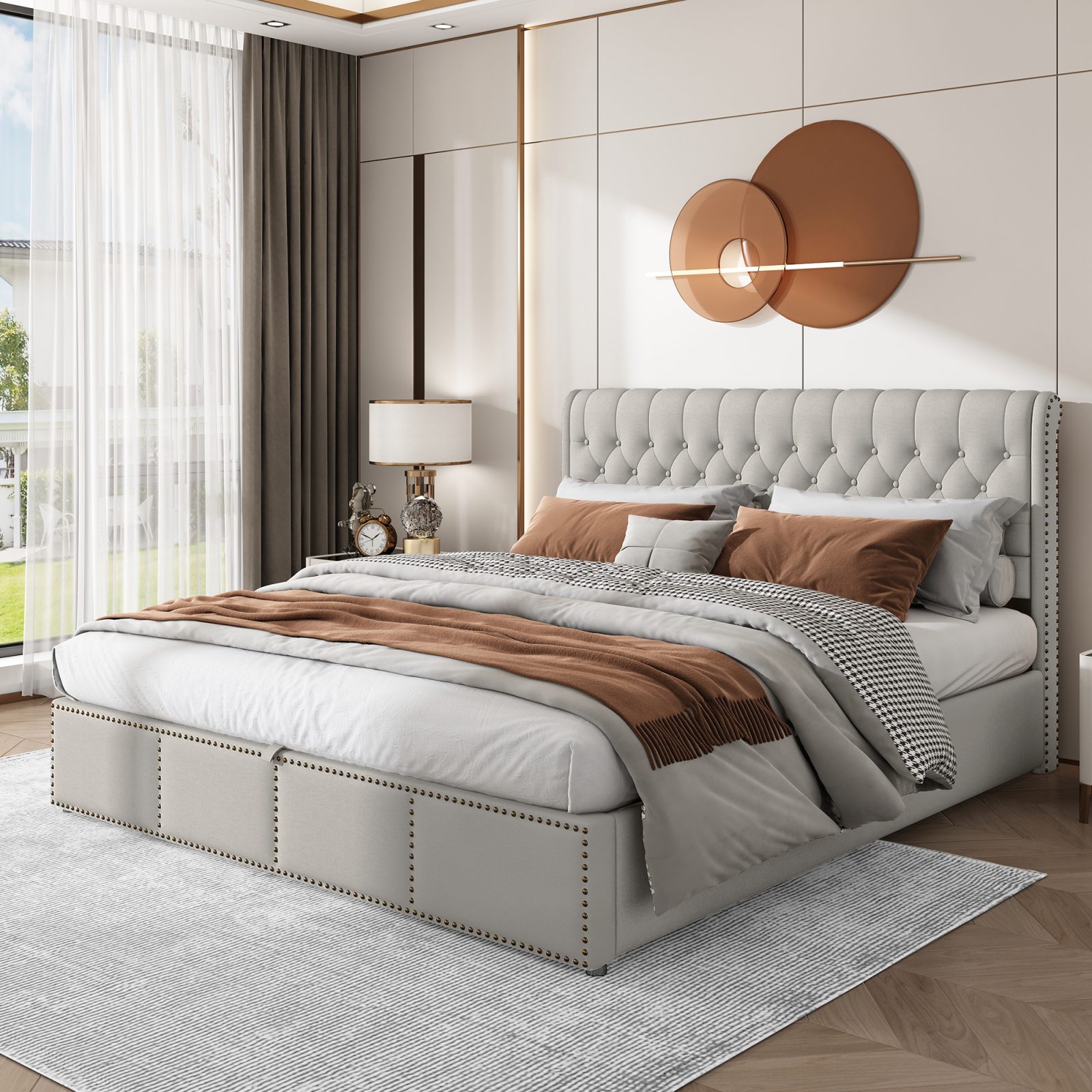 Upholstered Bed,Double Bed-4ft6 135x190cm,with Upholstered Bench 135 X 41 X 42 Cm, With Hydraulic Lever, Functional Storage Bed, Rivet Decoration, Linen, Light Grey – view 4
