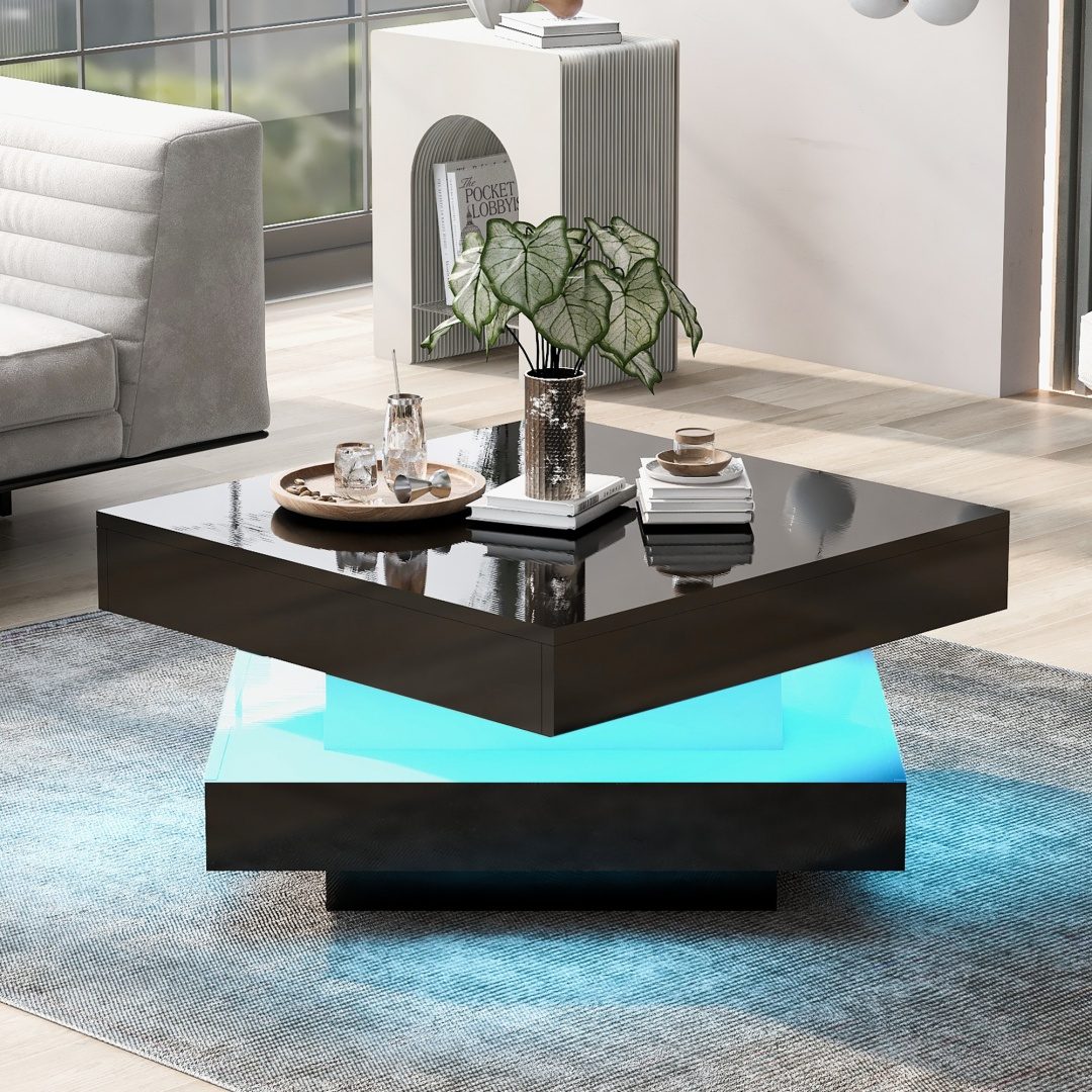 White Square High Gloss Coffee Table With 360 Rotating Top, Tea Table With 16-Color LED Light, 70x70x36 Cm – view 8