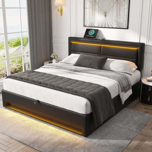 Upholstered Bed 135 X 190 Cm,Double Bed-4ft6,with USB Port Supports Wireless And Wired Charging, With LED Lighting And Storage Space, Without Mattress, PU-Lychee Design, Black – view 8