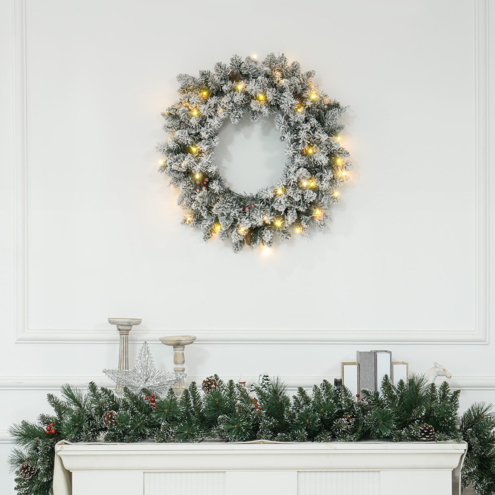 60 Snow Pine Cones And Berry Christmas Wreaths With LED Lights – view 4