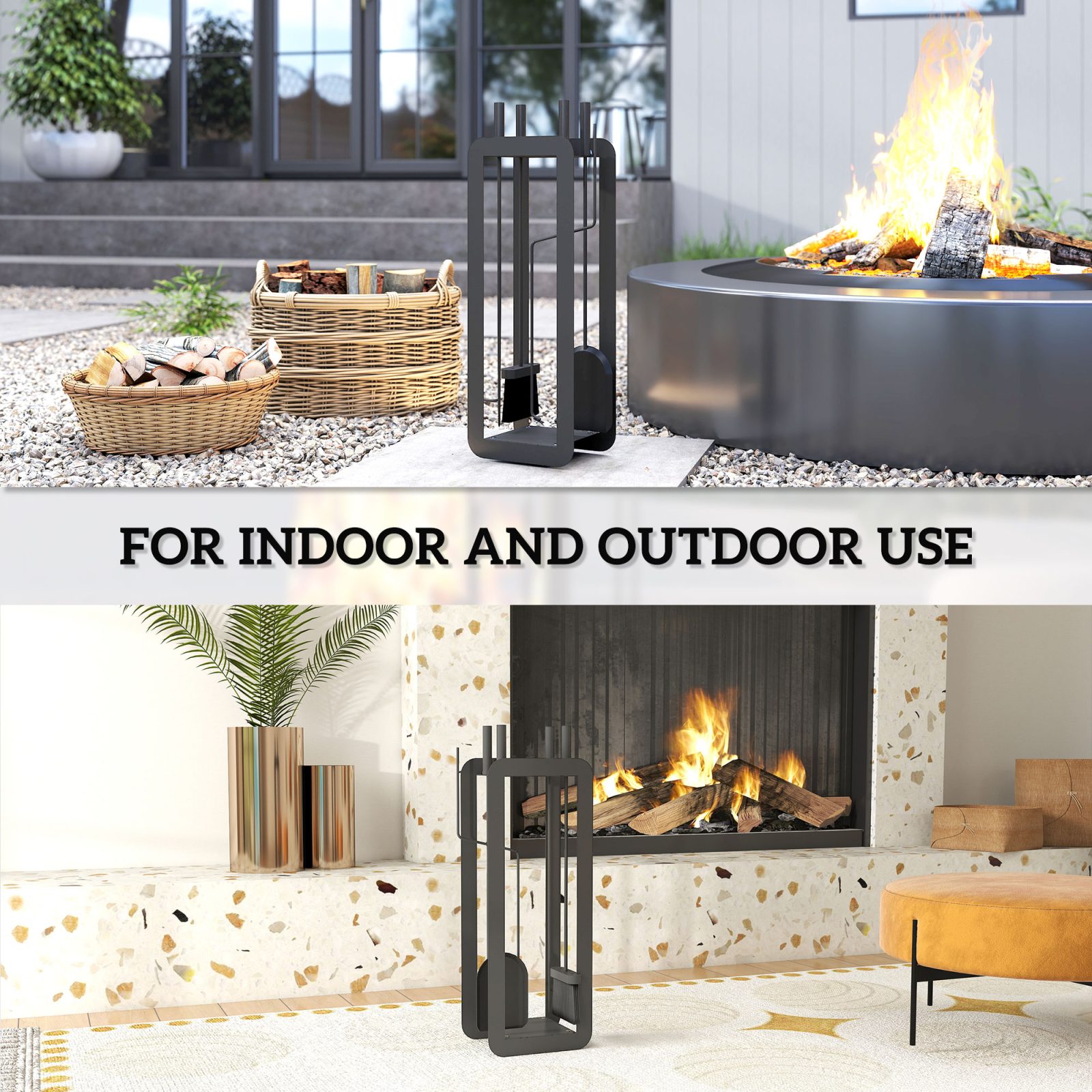 5 Pieces Fireplace Companion Set,Metal Fireplace Accessories Fireside Companion Set With Brush,Shovel,Poker,A Pair Of Tongs,Stand,Black – view 5