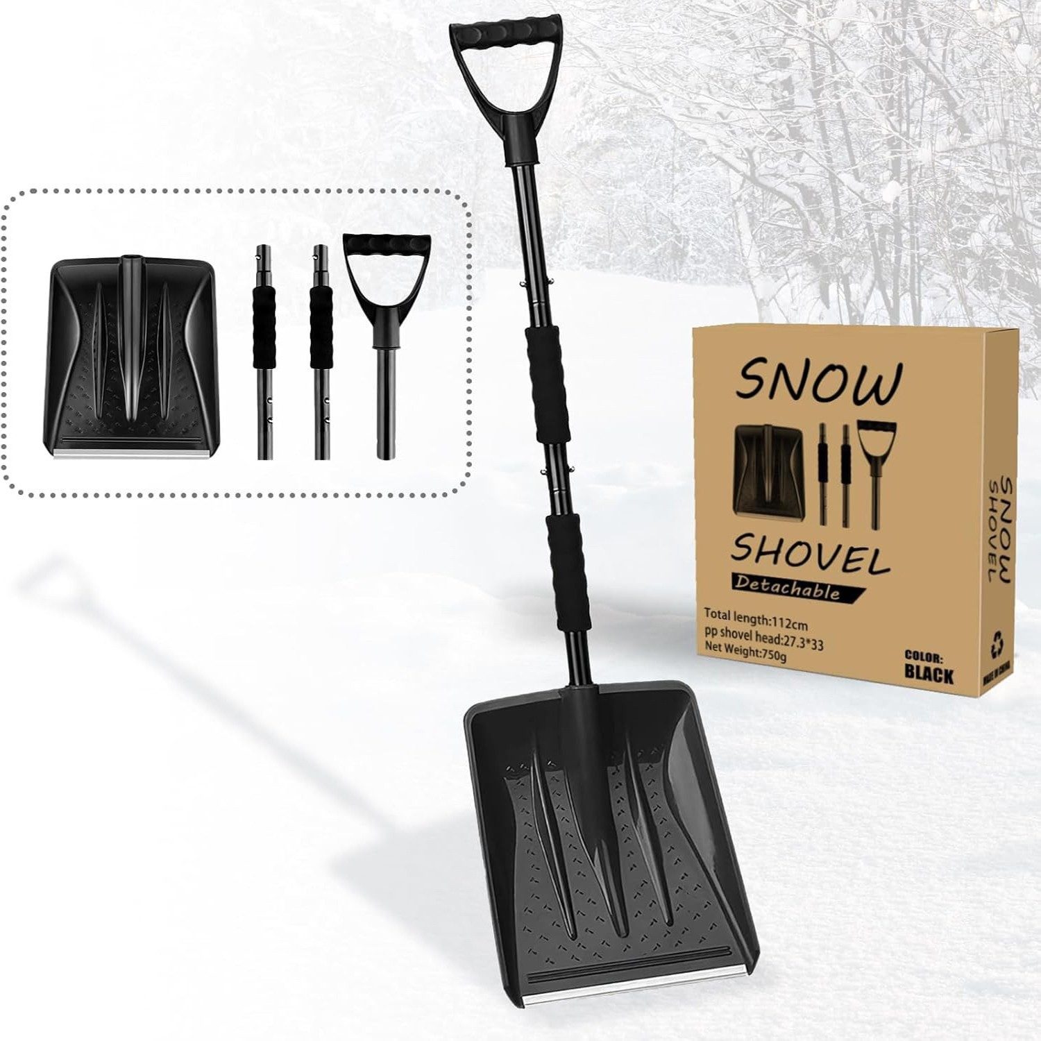 Heavy Duty Detachable Snow Shovel Snow Spade No-Slip D-Handle 112cm Protable Winter Snow Removal Tool For Driveway Car Yard Outdoor – Black