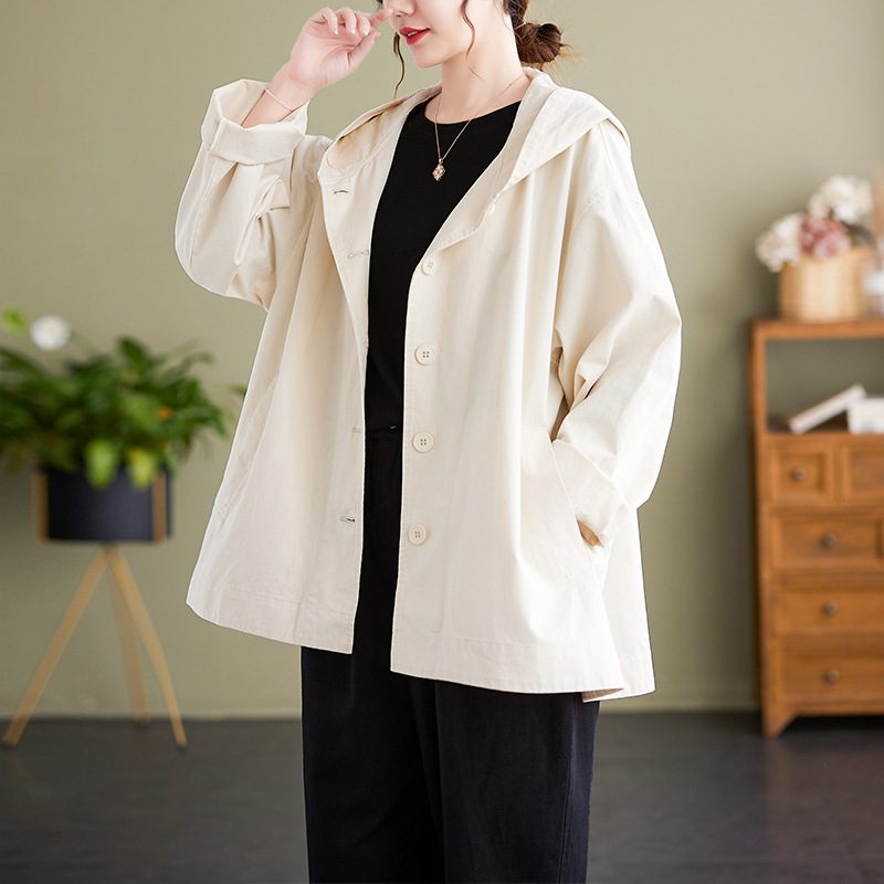Hooded Loose Coat Women Retro Khaki Casual Cotton Artistic Stitching Women – White