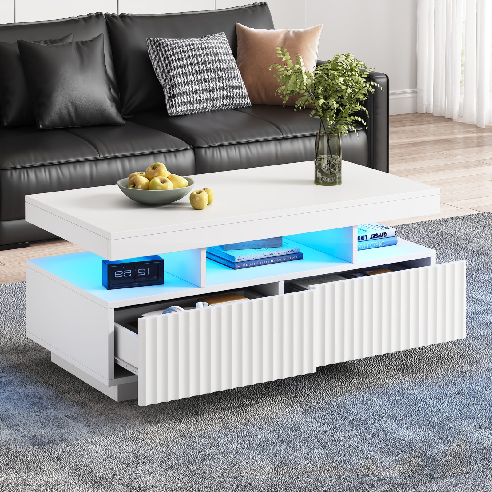 Coffee Table With LED Lights, 2drawers, Ribbed Decorative Centre Table, Sofa Side Table, Rectangle Coffee End Table For Living Room, Office, 100x50x45cm, White, Particleboard – view 3