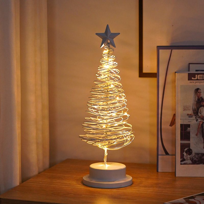 LED Christmas Tree Spiral Light Table Ornament Wrought Iron Xmas Tree Bedroom Desk Lamp Christmas Atmosphere Night Light Decor – Christmas Tree White