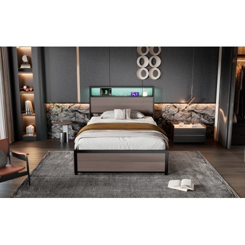 Metal Bed, 3FT Single Bed 90x190cm, With LED Light Strip And 4 Drawerss, 2 USB Port 1 Type C, Durable And Sturdy, Youth Bed, For Adults Teenagers, Multifunctional Bed, Wrought Iron Bed, Grey – view 9