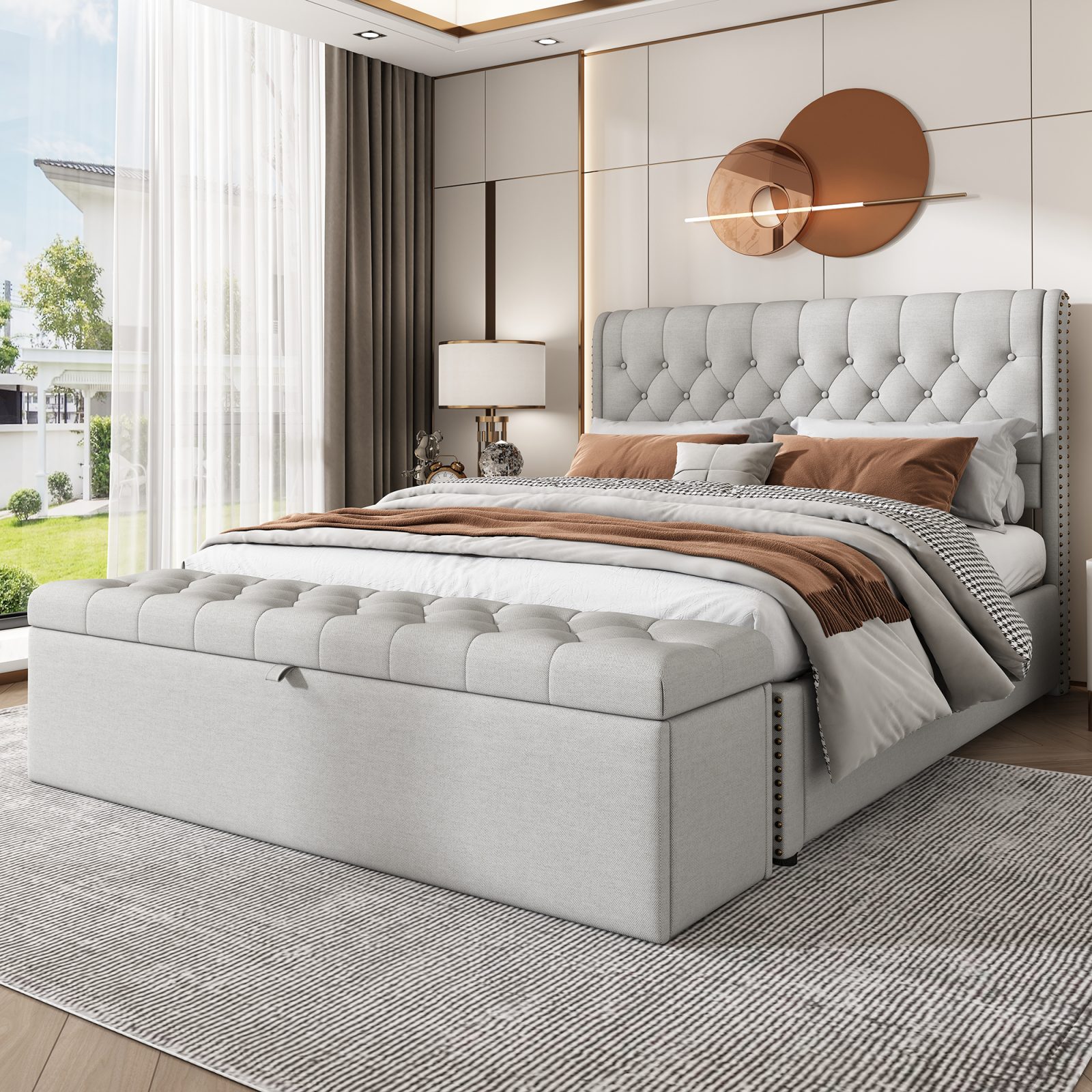 Upholstered Bed,Double Bed-4ft6 135x190cm,with Upholstered Bench 135 X 41 X 42 Cm, With Hydraulic Lever, Functional Storage Bed, Rivet Decoration, Linen, Light Grey – LIGHT GREY