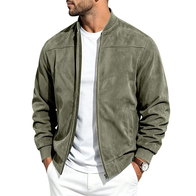 Suede Long Sleeve Zip Up Jacket Men's Casual Outerwear With Full Zip Closure – Army Green