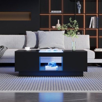 LED Coffee Table For Living Room, Modern Coffee Table With Storage With LED Lights, 2 Tiers And 2 Drawers, Large Living Room Center Tables Black – view 4