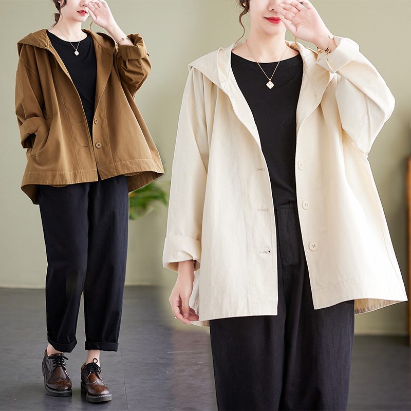 Hooded Loose Coat Women Retro Khaki Casual Cotton Artistic Stitching Women – view 6