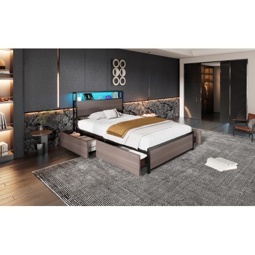 Metal Bed, 3FT Single Bed 90x190cm, With LED Light Strip And 4 Drawerss, 2 USB Port 1 Type C, Durable And Sturdy, Youth Bed, For Adults Teenagers, Multifunctional Bed, Wrought Iron Bed, Grey – view 4