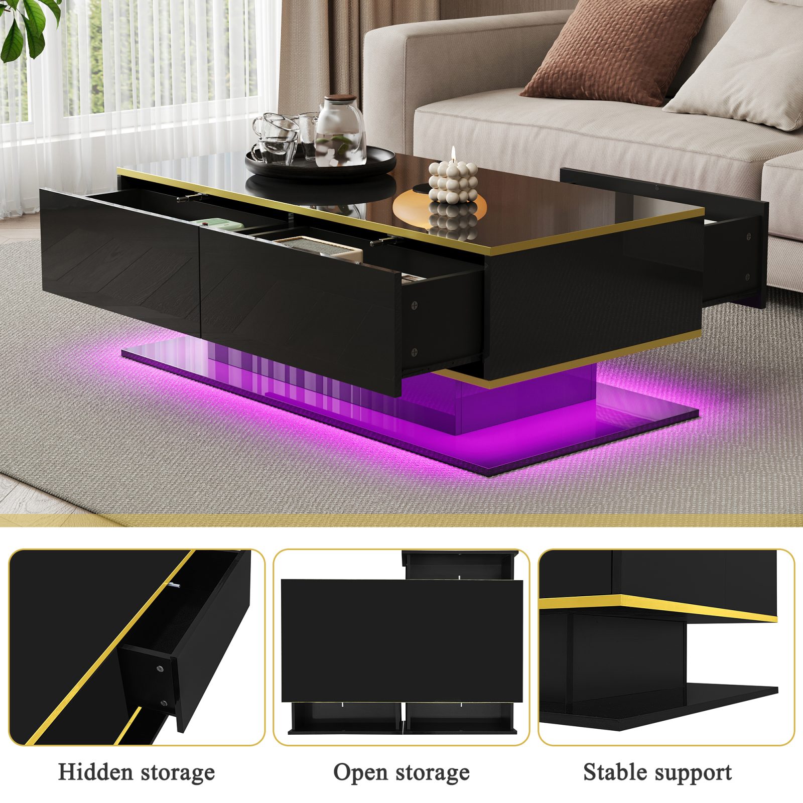 Modern LED Coffee Table With High-Gloss Finish, 100 Cm Length, Gold Accents, 3 Drawers & USB LED Light Strip Adapter-Power Bank Required – view 5