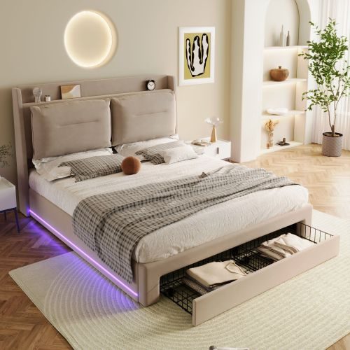 Upholstered Bed, 150x200 5ft King Size Bed, Hydraulic Bed, 2-in-1 Storage Drawers At The End Of The Bed, Recessed LED Light Strips On Both Sides Of The Bed, Slatted Frame, Velvet,Dark Gray – view 10