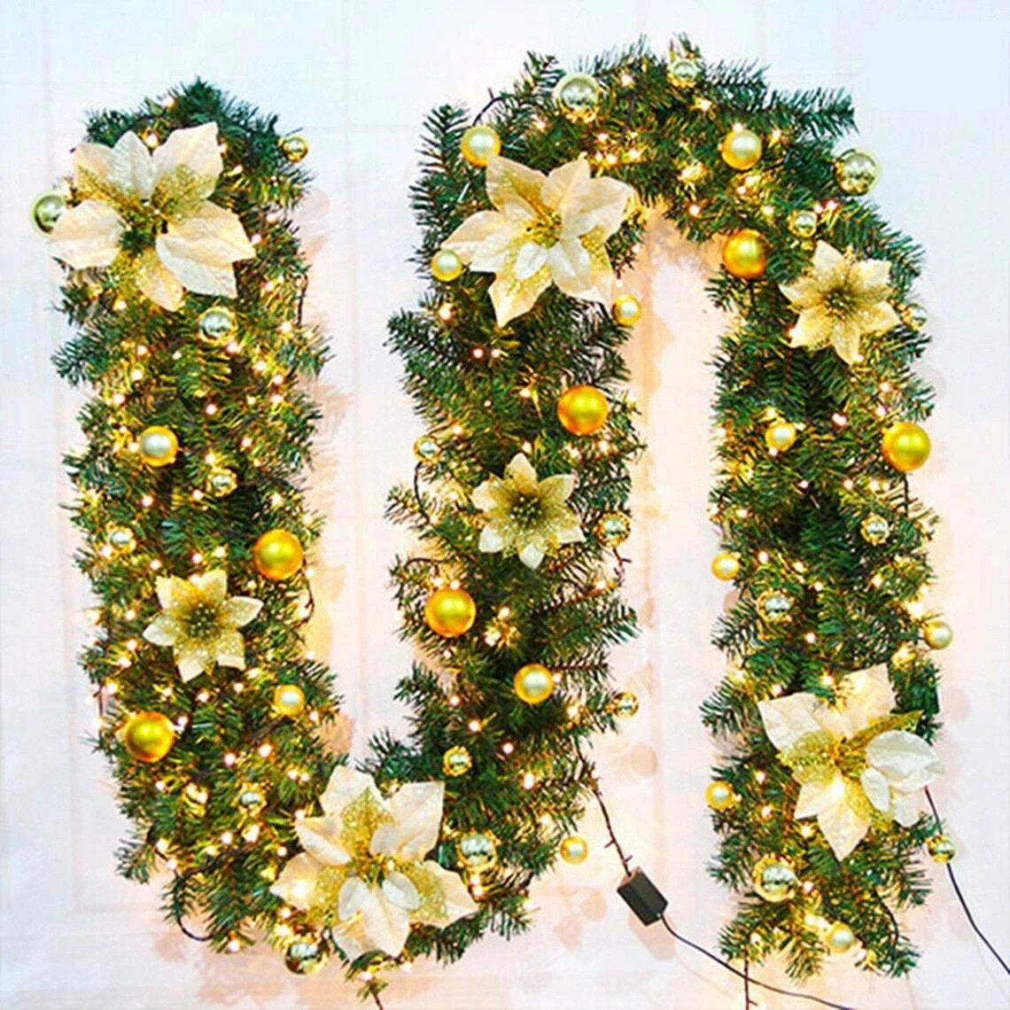 9FT Christmas Garland Decorations Fireplace Stair Artificial Wreath Bushy Pine – Gold