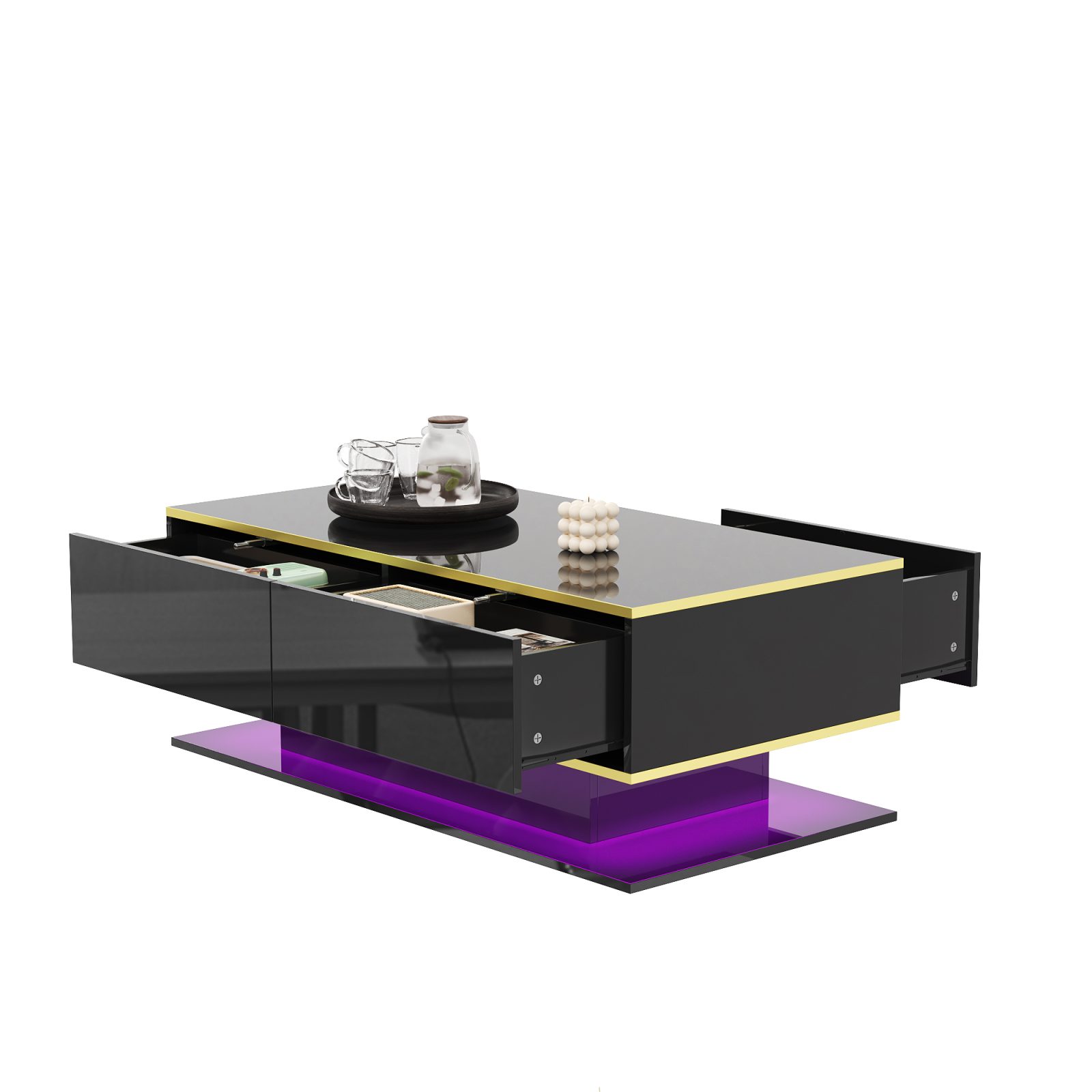 Modern LED Coffee Table With High-Gloss Finish, 100 Cm Length, Gold Accents, 3 Drawers & USB LED Light Strip Adapter-Power Bank Required – Black