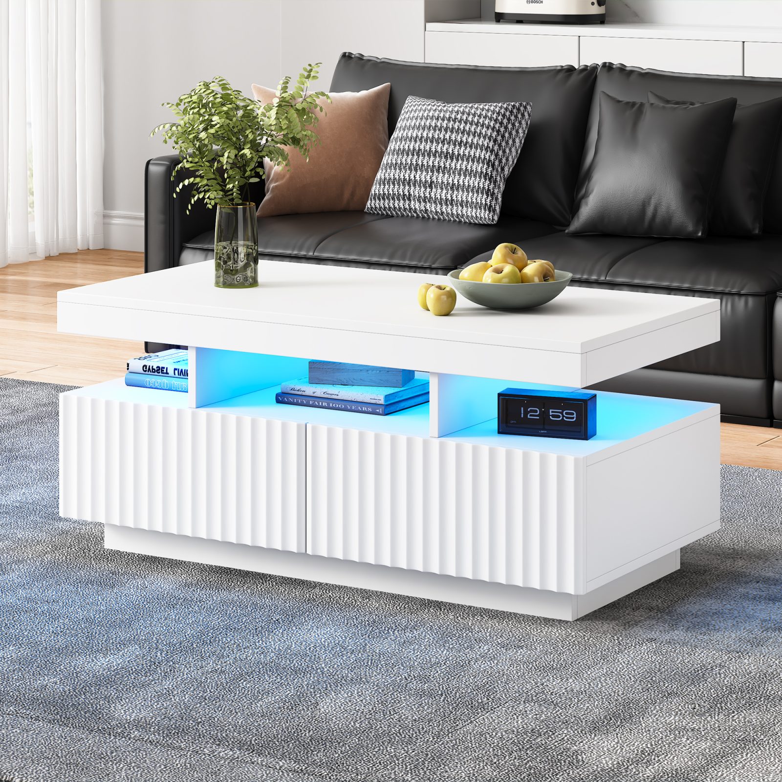 Coffee Table With LED Lights, 2drawers, Ribbed Decorative Centre Table, Sofa Side Table, Rectangle Coffee End Table For Living Room, Office, 100x50x45cm, White, Particleboard – view 4