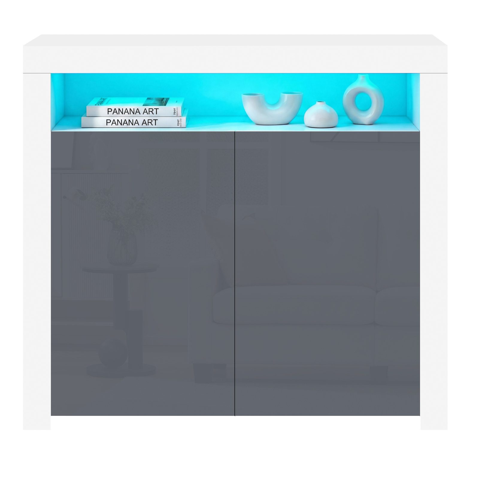 High Gloss Sideboard Cabinet 2 Doors Cupboard Storage Sideboard With LED Lights Matt Body Display Cabinet Shelves Unit For Living Room Dining Room,12 Colors LED Light-White Sideboard Gray Door – view 10