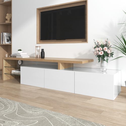 Modern TV Cabinet Design Stylish And Elegant, Practical Storage, High-gloss White, Wooden Look, Glass Shelves, LED Lighting – view 3