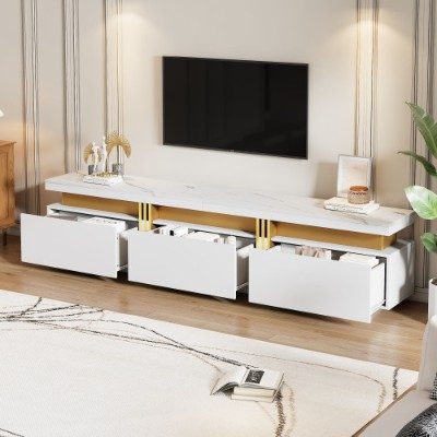 Luxury TV Stand With Faux Marble Top, TV Cabinet Golden Panel Design, And 3 Drawers For Televisions Up To 89'', Rectangle Media Console, Practical Entertainment Center For Living Room, White – White