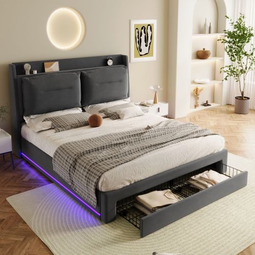 Upholstered Bed, 150x200 5ft King Size Bed, Hydraulic Bed, 2-in-1 Storage Drawers At The End Of The Bed, Recessed LED Light Strips On Both Sides Of The Bed, Slatted Frame, Velvet,Dark Gray – view 9