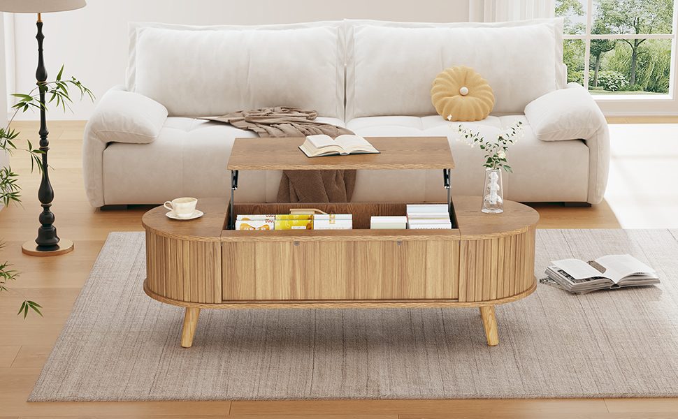 Lift Up Oval Coffee Table With Hidden Storage, Centre Table, Lifting Sofa Side Table, Space-saving End Table For Living Room Bedroom, Reception, Tea Table, 120 X 50 X 39.5cm, Natural Wood – view 2