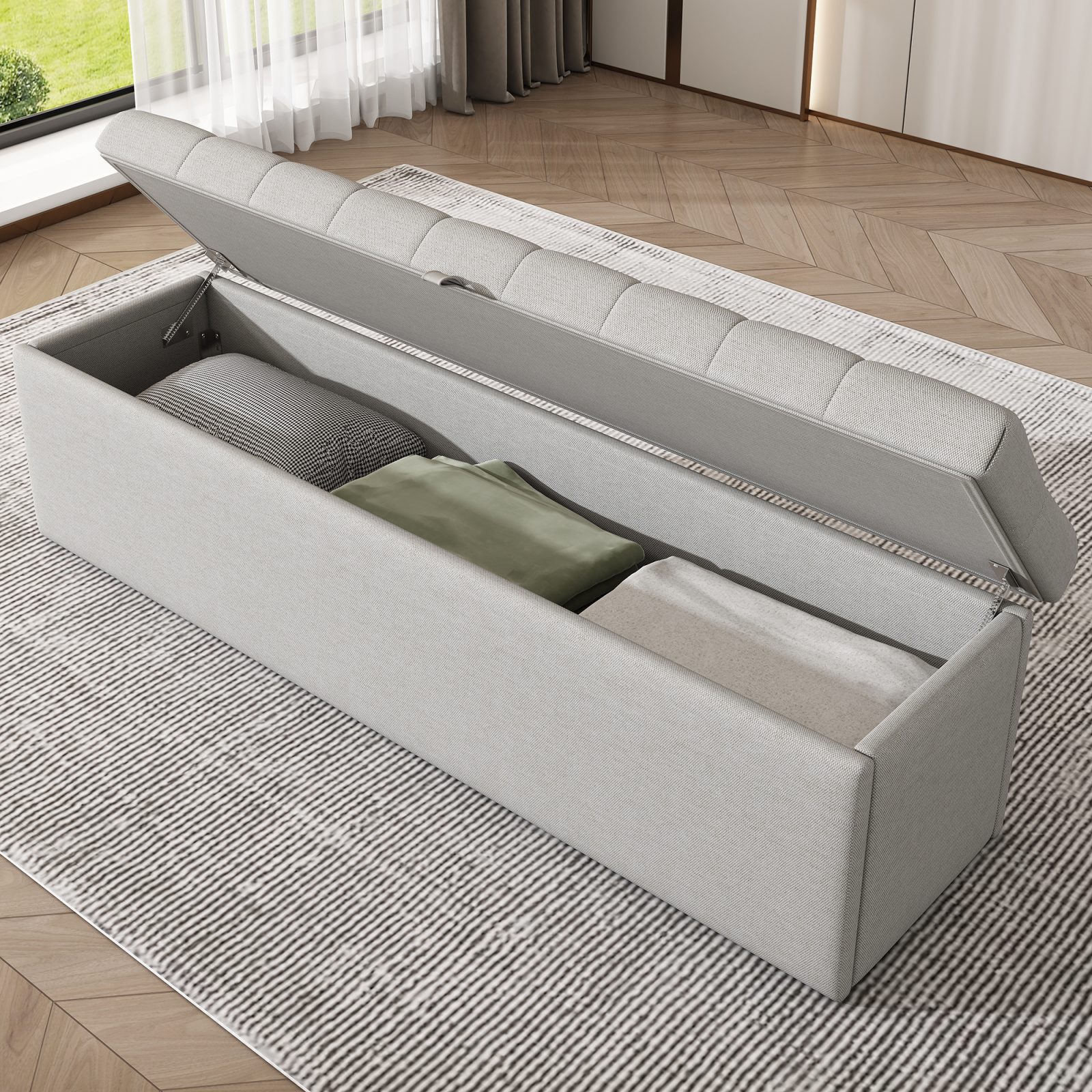 Upholstered Bed,Double Bed-4ft6 135x190cm,with Upholstered Bench 135 X 41 X 42 Cm, With Hydraulic Lever, Functional Storage Bed, Rivet Decoration, Linen, Light Grey – view 3
