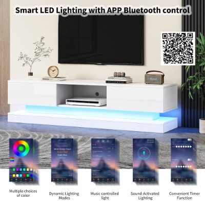 160 Cm TV Stand With16 Colour RGB LED Lights, High Gloss Front TV Cabinet With 2 Drawers And 1 Open Storage Space, TV Unit For 70-79 Inch TV For Living Room, White – view 2