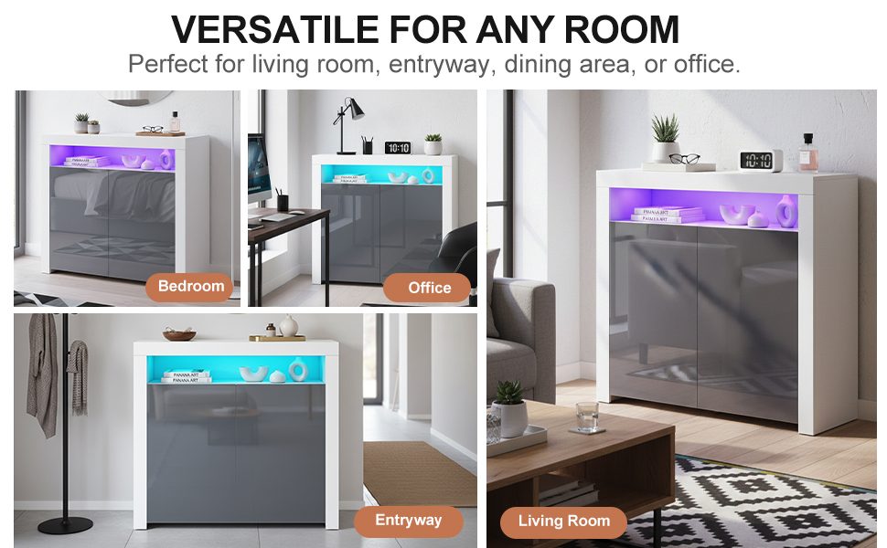 High Gloss Sideboard Cabinet 2 Doors Cupboard Storage Sideboard With LED Lights Matt Body Display Cabinet Shelves Unit For Living Room Dining Room,12 Colors LED Light-White Sideboard Gray Door – view 3