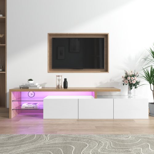 Modern TV Cabinet Design Stylish And Elegant, Practical Storage, High-gloss White, Wooden Look, Glass Shelves, LED Lighting – White