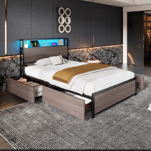 Metal Bed, 3FT Single Bed 90x190cm, With LED Light Strip And 4 Drawerss, 2 USB Port 1 Type C, Durable And Sturdy, Youth Bed, For Adults Teenagers, Multifunctional Bed, Wrought Iron Bed, Grey – view 5