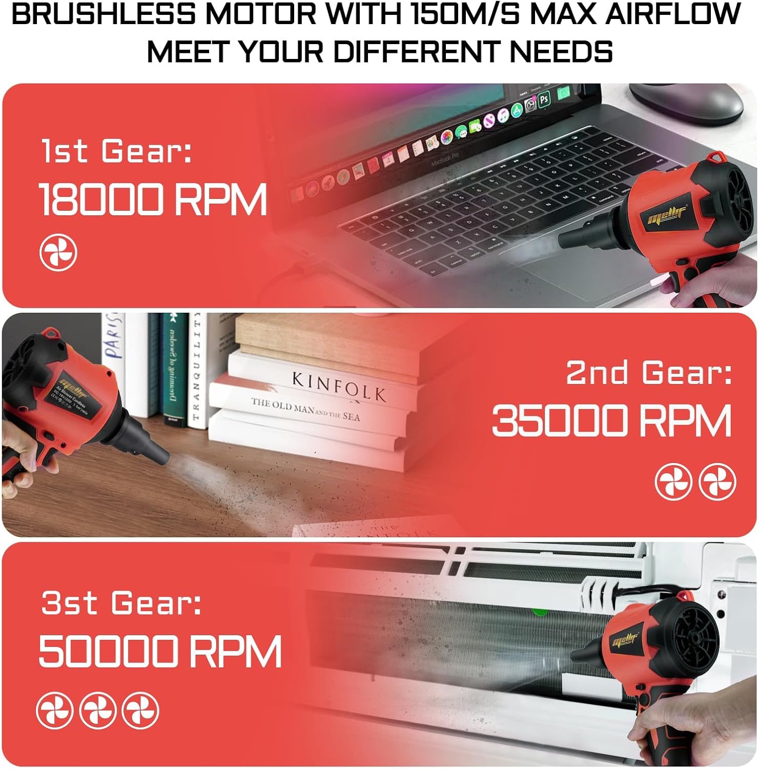 High Volume Compressed Air Duster Compatible With Milwaukee 18V Battery- 3 Speeds, 50000RPM Brushless Motor, LED Light, 7 Multi-Use Accessories, Ideal For PC Keyboard, Pool Toy Tool Only – view 4