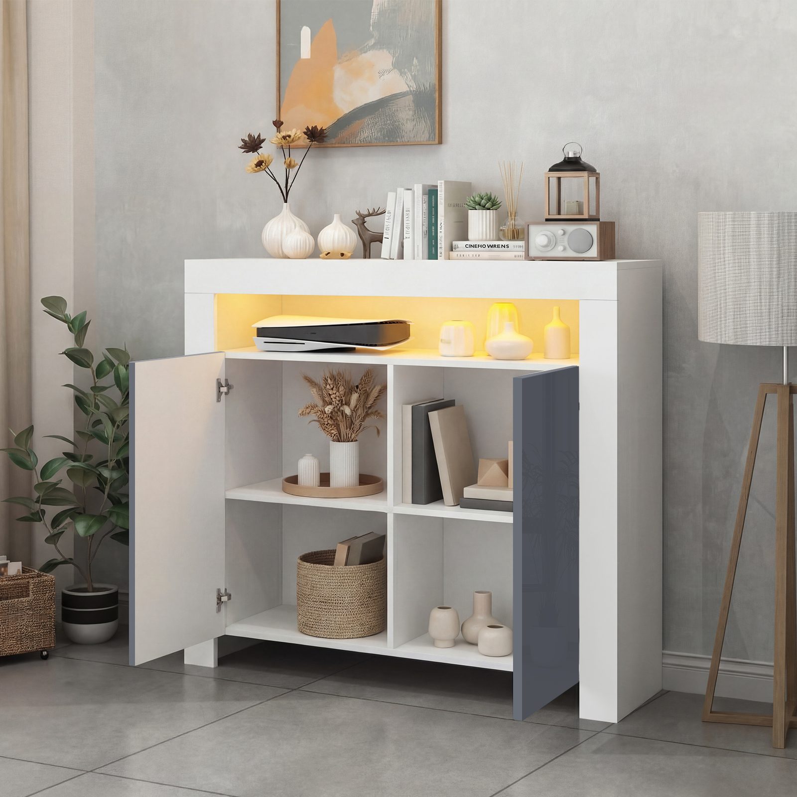 High Gloss Sideboard Cabinet 2 Doors Cupboard Storage Sideboard With LED Lights Matt Body Display Cabinet Shelves Unit For Living Room Dining Room,12 Colors LED Light-White Sideboard Gray Door – view 9