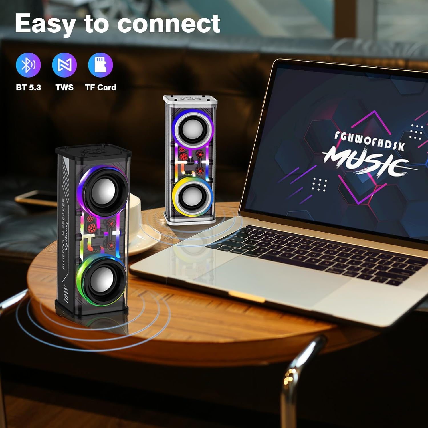 Portable Bluetooth Speaker With LED Lights&Transparent Casing, Bluetooth 5.3 Wireless Outdoor Speakers Support TWS PairingTF Card, 10W Stereo Sound, Electronics For Home, Outdoors, Travel Black – view 8