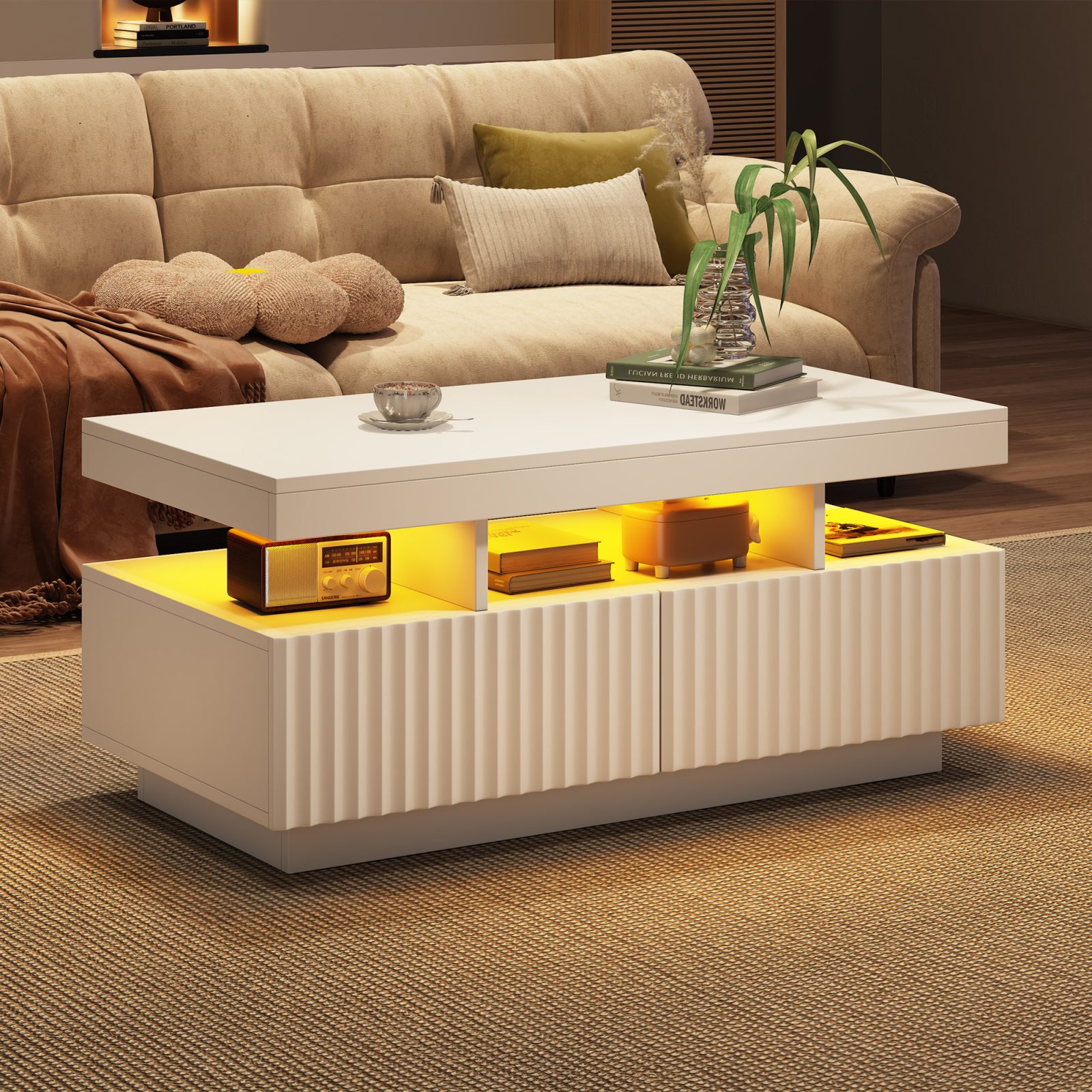 Coffee Table With LED Lights, 2drawers, Ribbed Decorative Centre Table, Sofa Side Table, Rectangle Coffee End Table For Living Room, Office, 100x50x45cm, White, Particleboard – view 5