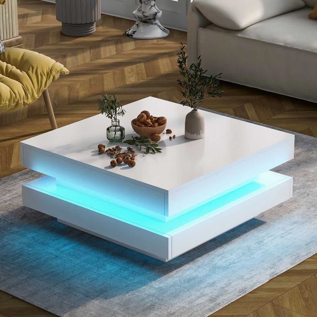 White Square High Gloss Coffee Table With 360 Rotating Top, Tea Table With 16-Color LED Light, 70x70x36 Cm – White